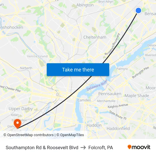 Southampton Rd & Roosevelt Blvd to Folcroft, PA map