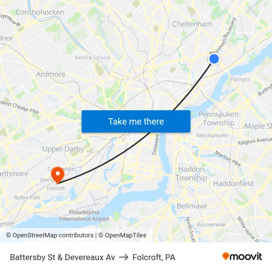 Battersby St & Devereaux Av to Folcroft, PA map