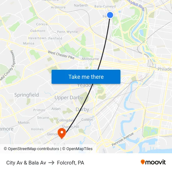 City Av & Bala Av to Folcroft, PA map