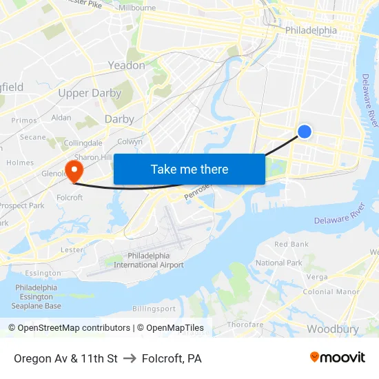 Oregon Av & 11th St to Folcroft, PA map