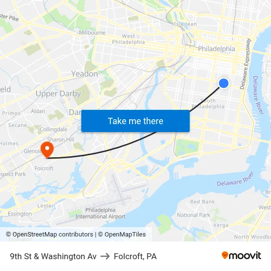 9th St & Washington Av to Folcroft, PA map