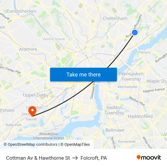 Cottman Av & Hawthorne St to Folcroft, PA map