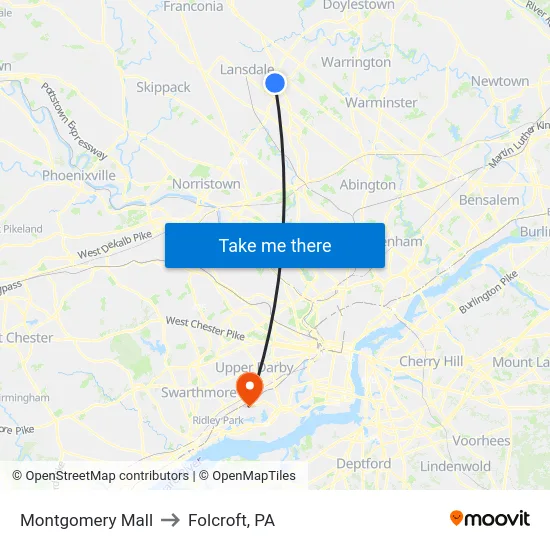 Montgomery Mall to Folcroft, PA map