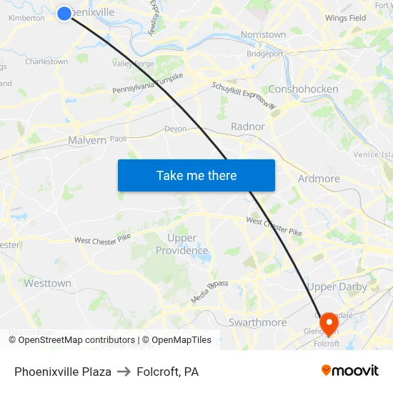Phoenixville Plaza to Folcroft, PA map