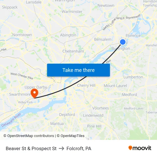 Beaver St & Prospect St to Folcroft, PA map