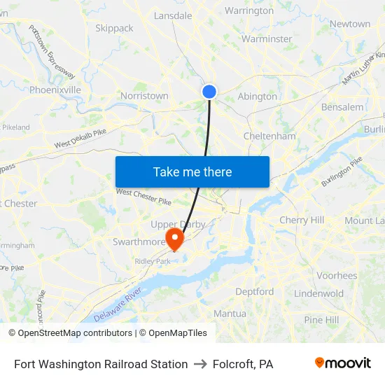 Fort Washington Railroad Station to Folcroft, PA map