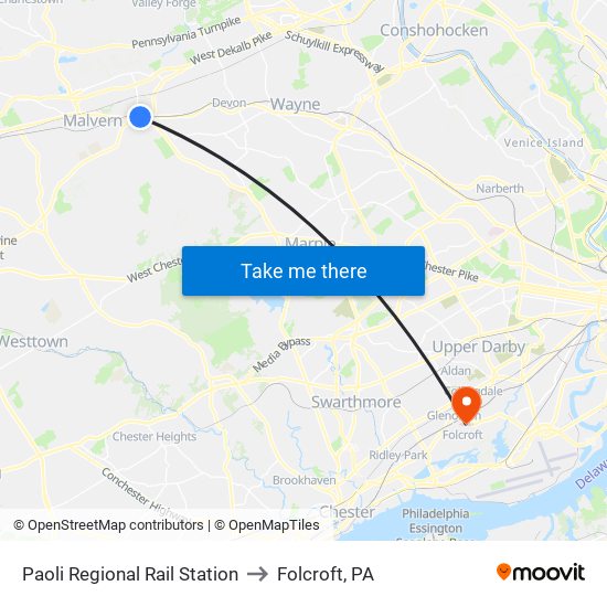 Paoli Regional Rail Station to Folcroft, PA map