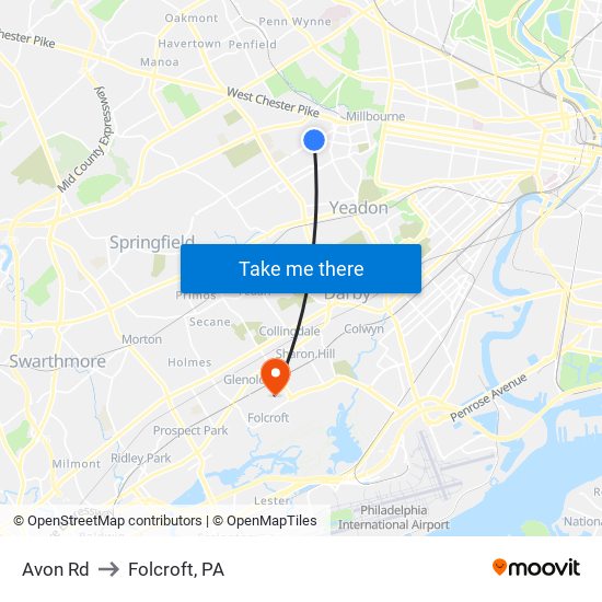 Avon Rd to Folcroft, PA map