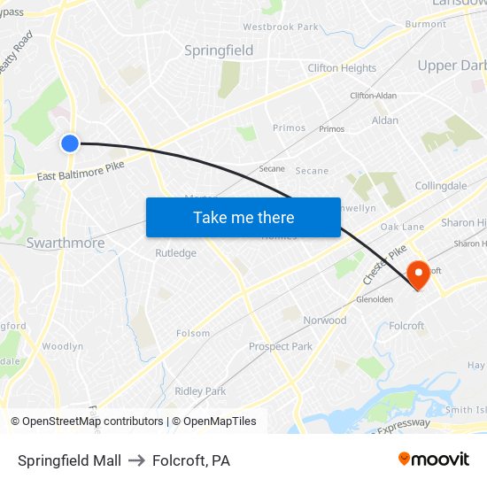 Springfield Mall to Folcroft, PA map