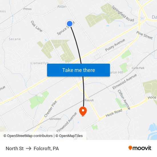North St to Folcroft, PA map