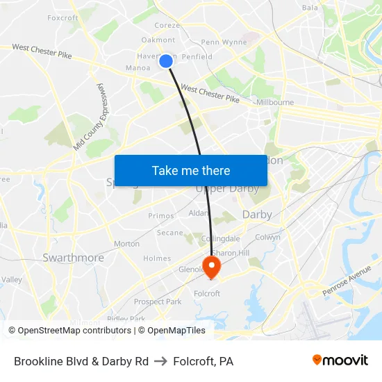 Brookline Blvd & Darby Rd to Folcroft, PA map
