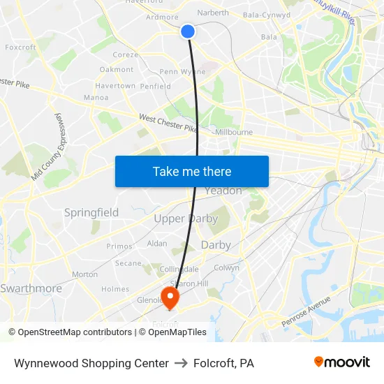 Wynnewood Shopping Center to Folcroft, PA map
