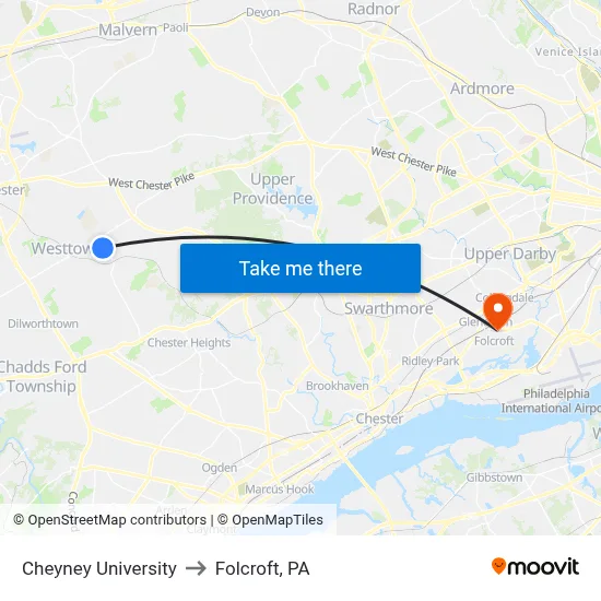 Cheyney University to Folcroft, PA map