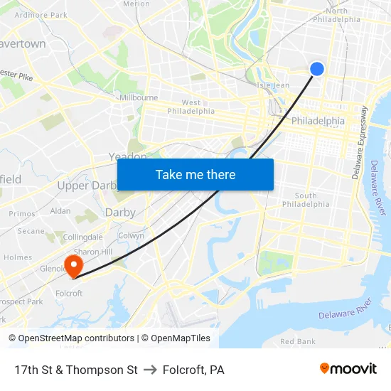 17th St & Thompson St to Folcroft, PA map