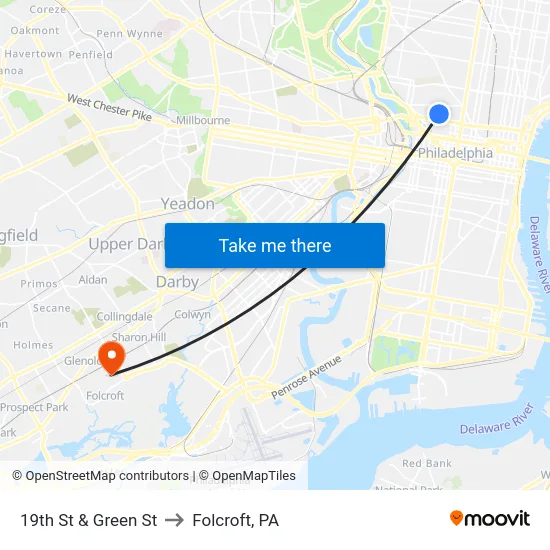 19th St & Green St to Folcroft, PA map