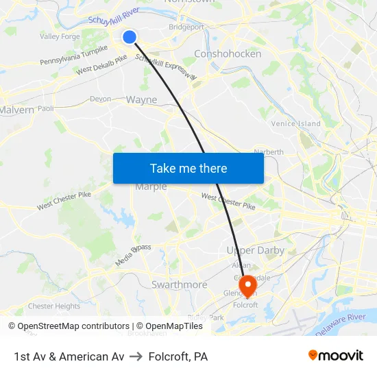 1st Av & American Av to Folcroft, PA map