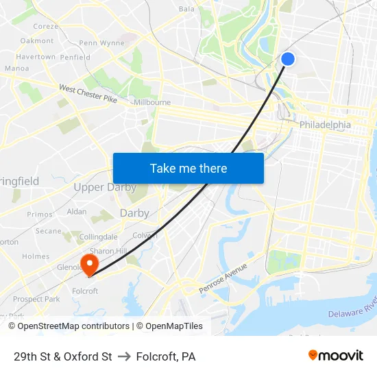 29th St & Oxford St to Folcroft, PA map