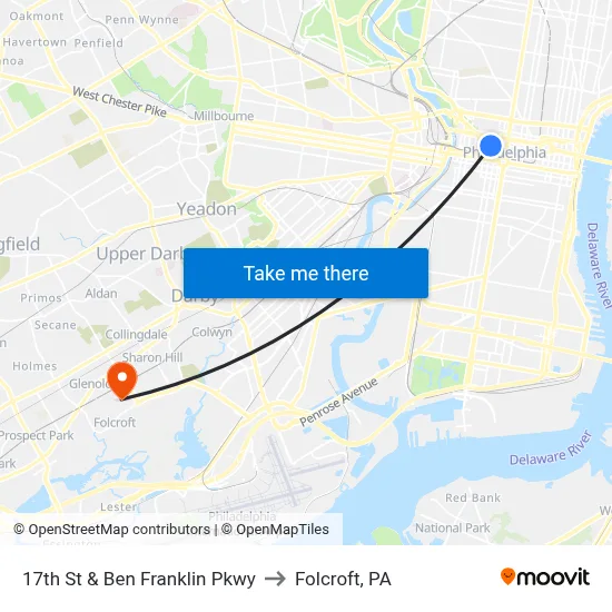 17th St & Ben Franklin Pkwy to Folcroft, PA map