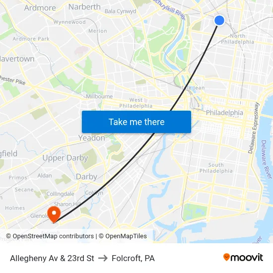 Allegheny Av & 23rd St to Folcroft, PA map