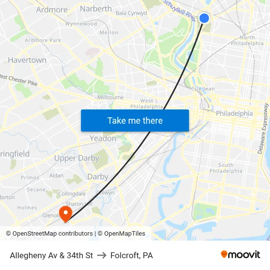 Allegheny Av & 34th St to Folcroft, PA map