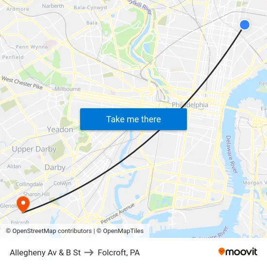 Allegheny Av & B St to Folcroft, PA map