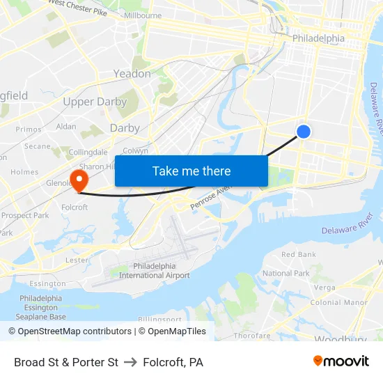 Broad St & Porter St to Folcroft, PA map