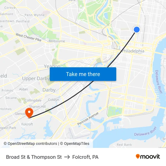 Broad St & Thompson St to Folcroft, PA map