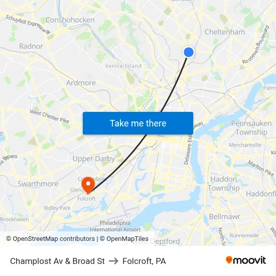 Champlost Av & Broad St to Folcroft, PA map