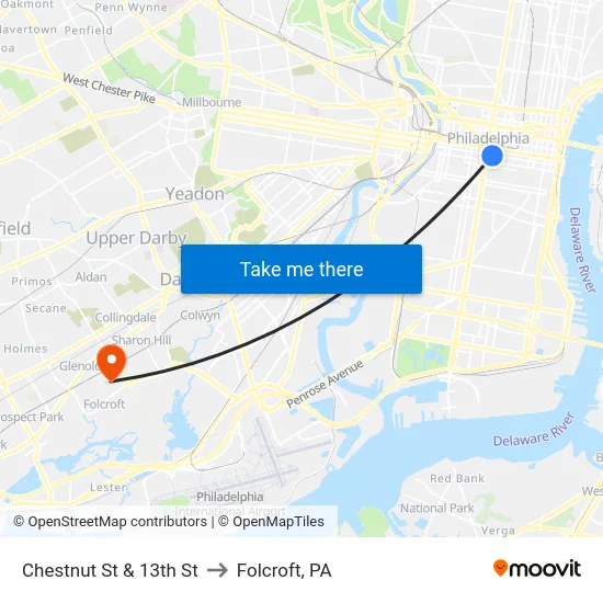 Chestnut St & 13th St to Folcroft, PA map