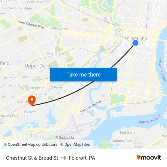 Chestnut St & Broad St to Folcroft, PA map