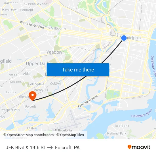 JFK Blvd & 19th St to Folcroft, PA map