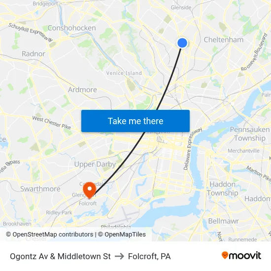 Ogontz Av & Middletown St to Folcroft, PA map