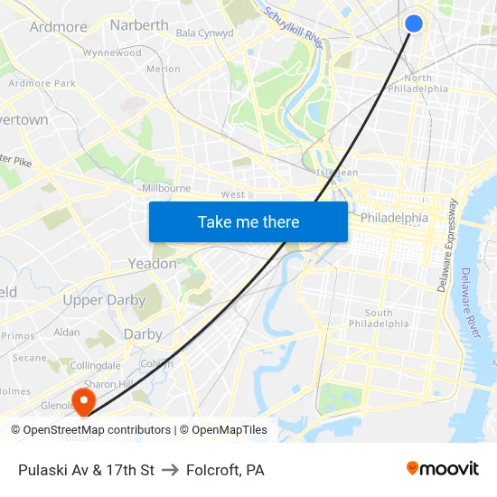 Pulaski Av & 17th St to Folcroft, PA map