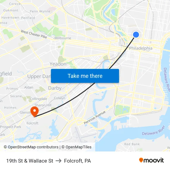 19th St & Wallace St to Folcroft, PA map