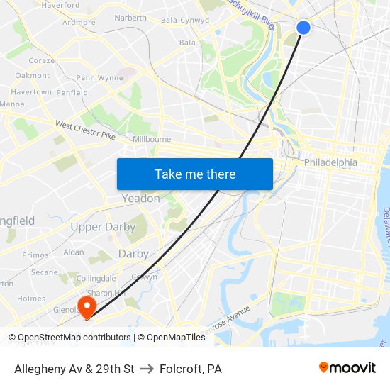 Allegheny Av & 29th St to Folcroft, PA map