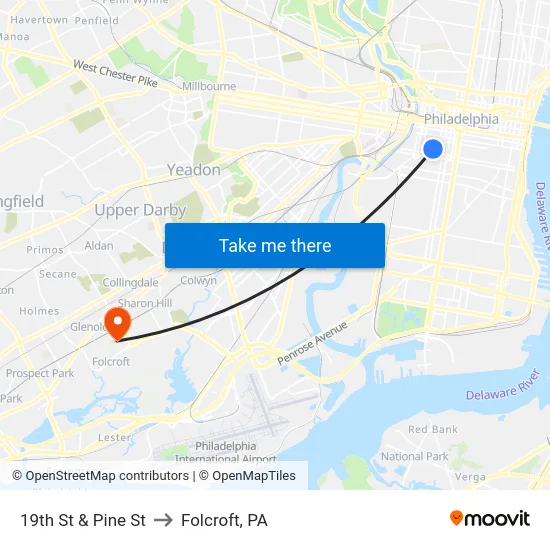 19th St & Pine St to Folcroft, PA map