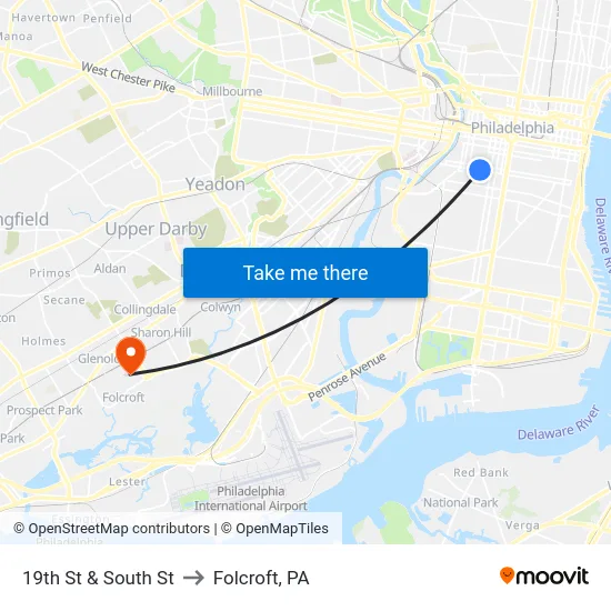 19th St & South St to Folcroft, PA map