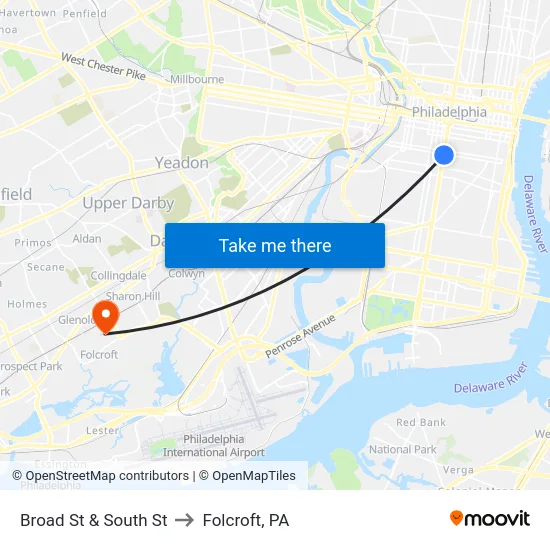 Broad St & South St to Folcroft, PA map