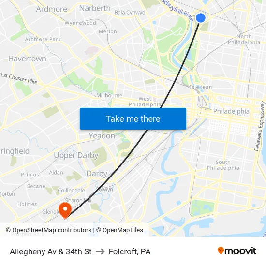 Allegheny Av & 34th St to Folcroft, PA map