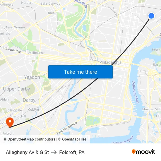 Allegheny Av & G St to Folcroft, PA map