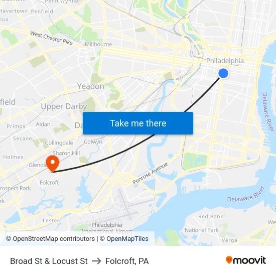 Broad St & Locust St to Folcroft, PA map