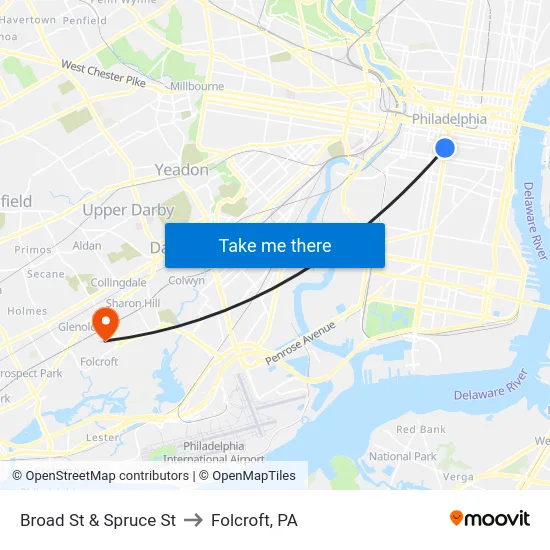 Broad St & Spruce St to Folcroft, PA map