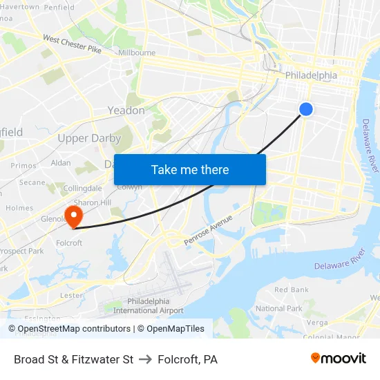 Broad St & Fitzwater St to Folcroft, PA map