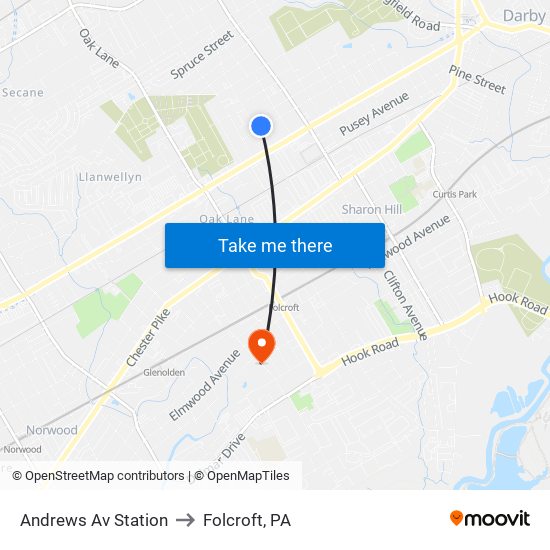 Andrews Av Station to Folcroft, PA map