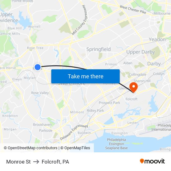Monroe St to Folcroft, PA map