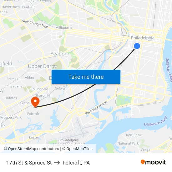 17th St & Spruce St to Folcroft, PA map