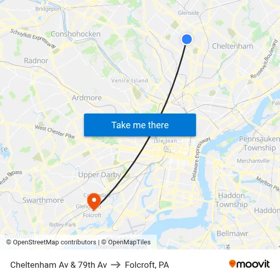 Cheltenham Av & 79th Av to Folcroft, PA map