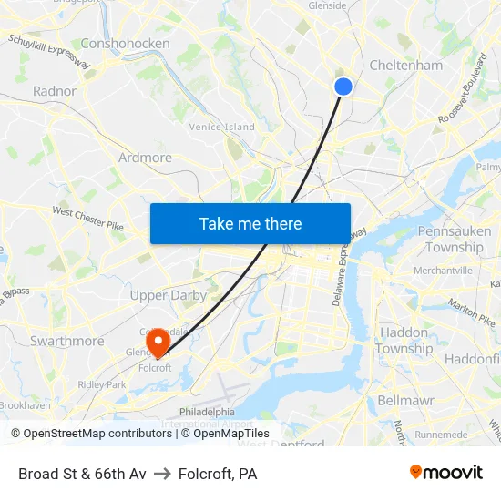 Broad St & 66th Av to Folcroft, PA map
