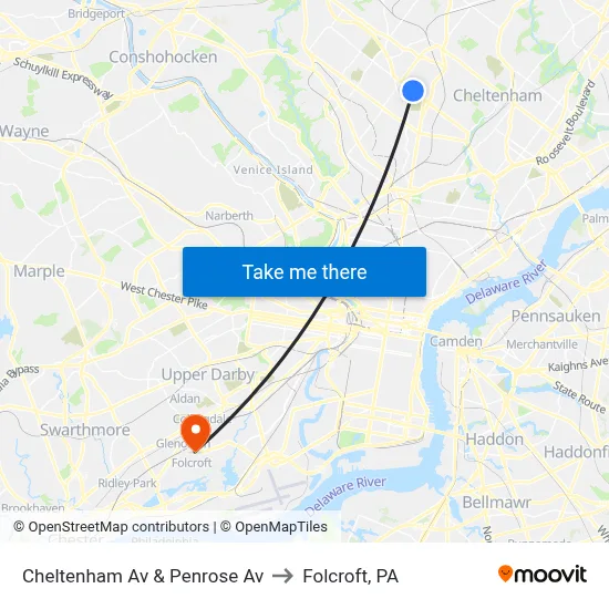 Cheltenham Av & Penrose Av to Folcroft, PA map