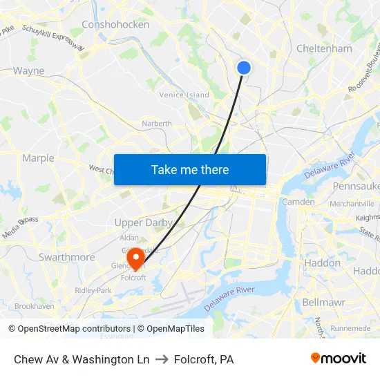 Chew Av & Washington Ln to Folcroft, PA map